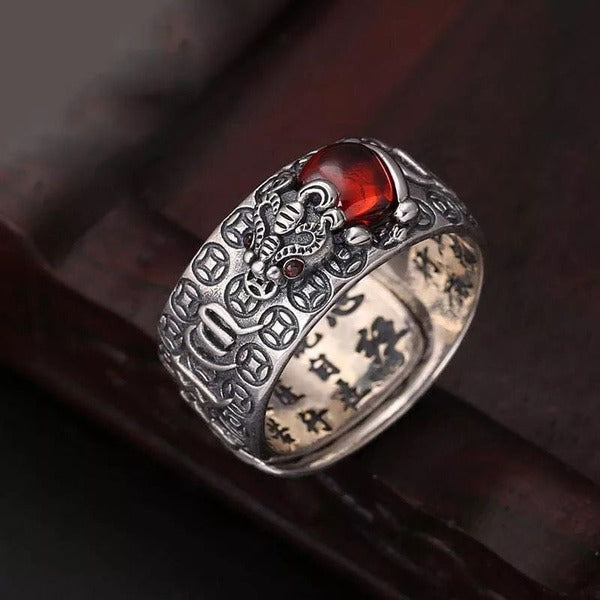 Tahi Silver Fengshui Pixiu Red Garnet Stone Mantra Wealth Ring